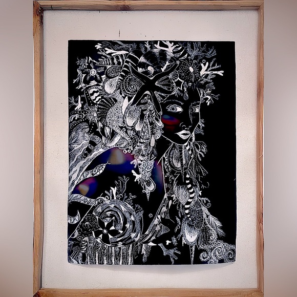 Hand Crafted Other - Handmade Black & White Sea Shell Mermaid Ocean Fantasy Scratchboard Artwork